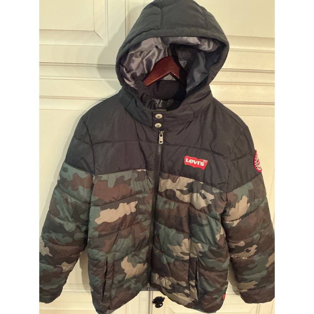 Levis Kids Camo Puffer Jacket Black Green Hooded Quilted Coat Size L 12-13Y